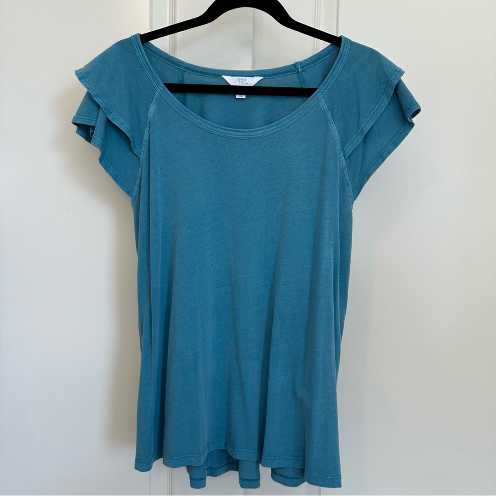 Time and Tru Teal Short Sleeve Ruffle Top Size Large